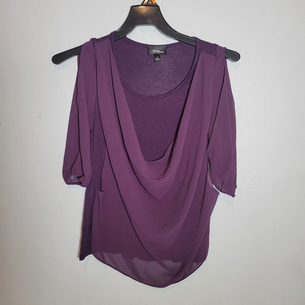 Amy Wear Womens Dress Top  Purple Off the Shoulder 3/4 Sleeve Size S